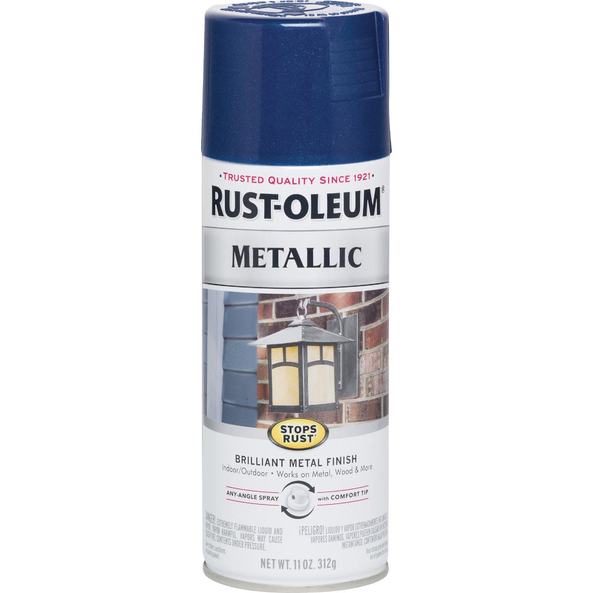 Can of Rust-Oleum cobalt blue metallic spray paint with rust-stopping formula for home improvement projects