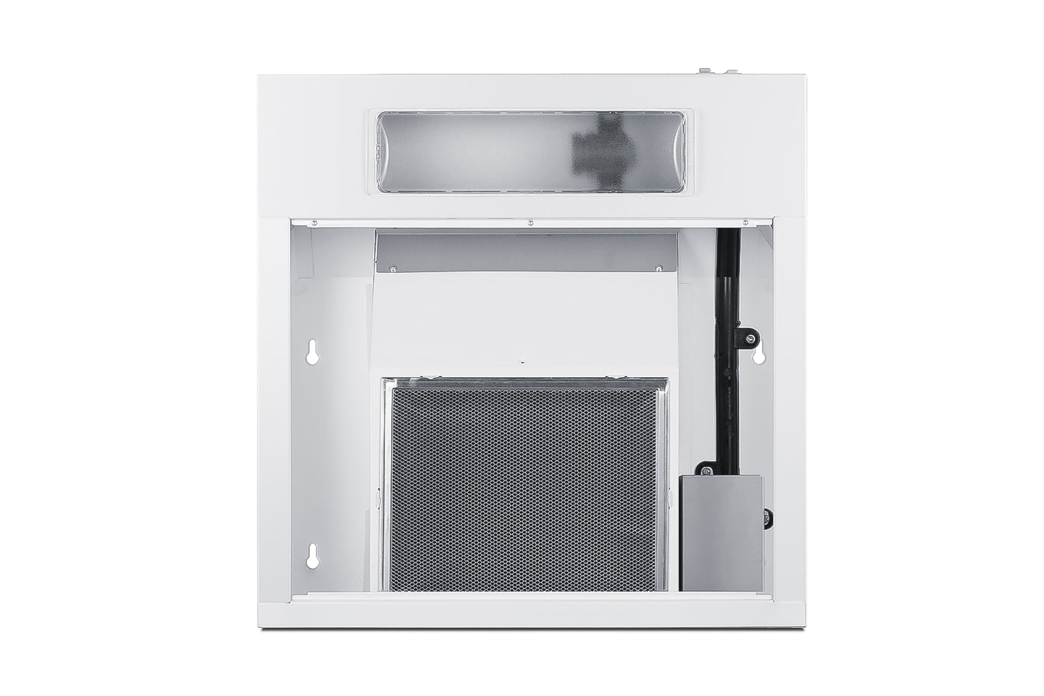 Interior view of white 20-inch under cabinet convertible range hood showing ventilation filter and light fixture in appliances collection