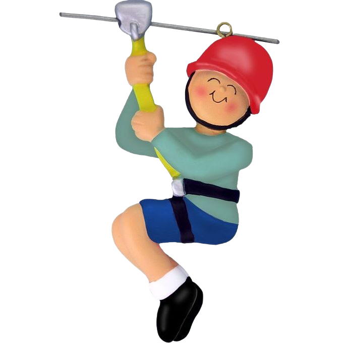Smiling male zipliner wearing red helmet and blue shorts hanging on zipline for Christmas tree decor under $50 collection