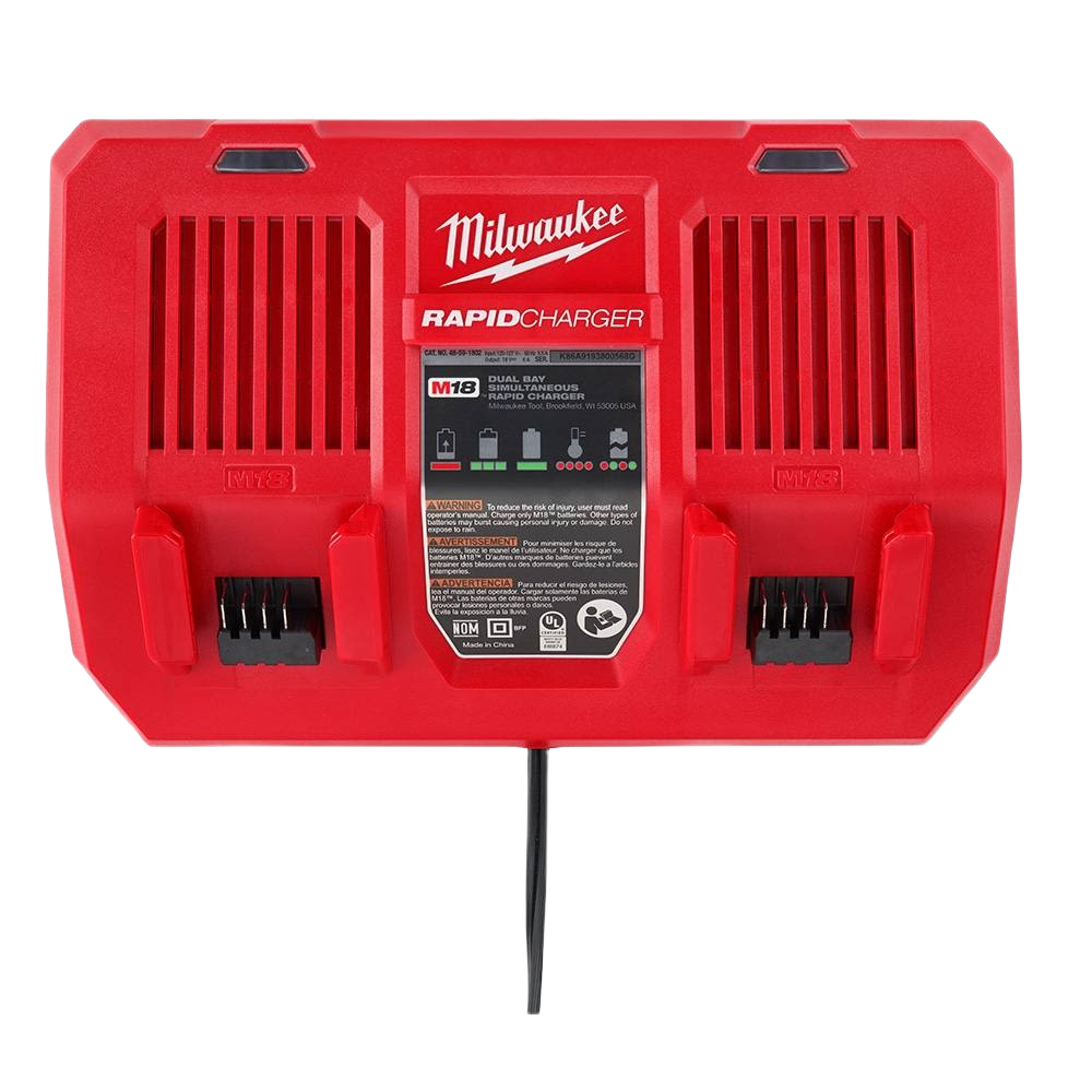 Red dual bay rapid charger for Milwaukee M18 batteries in power tool accessories and battery charging systems collection