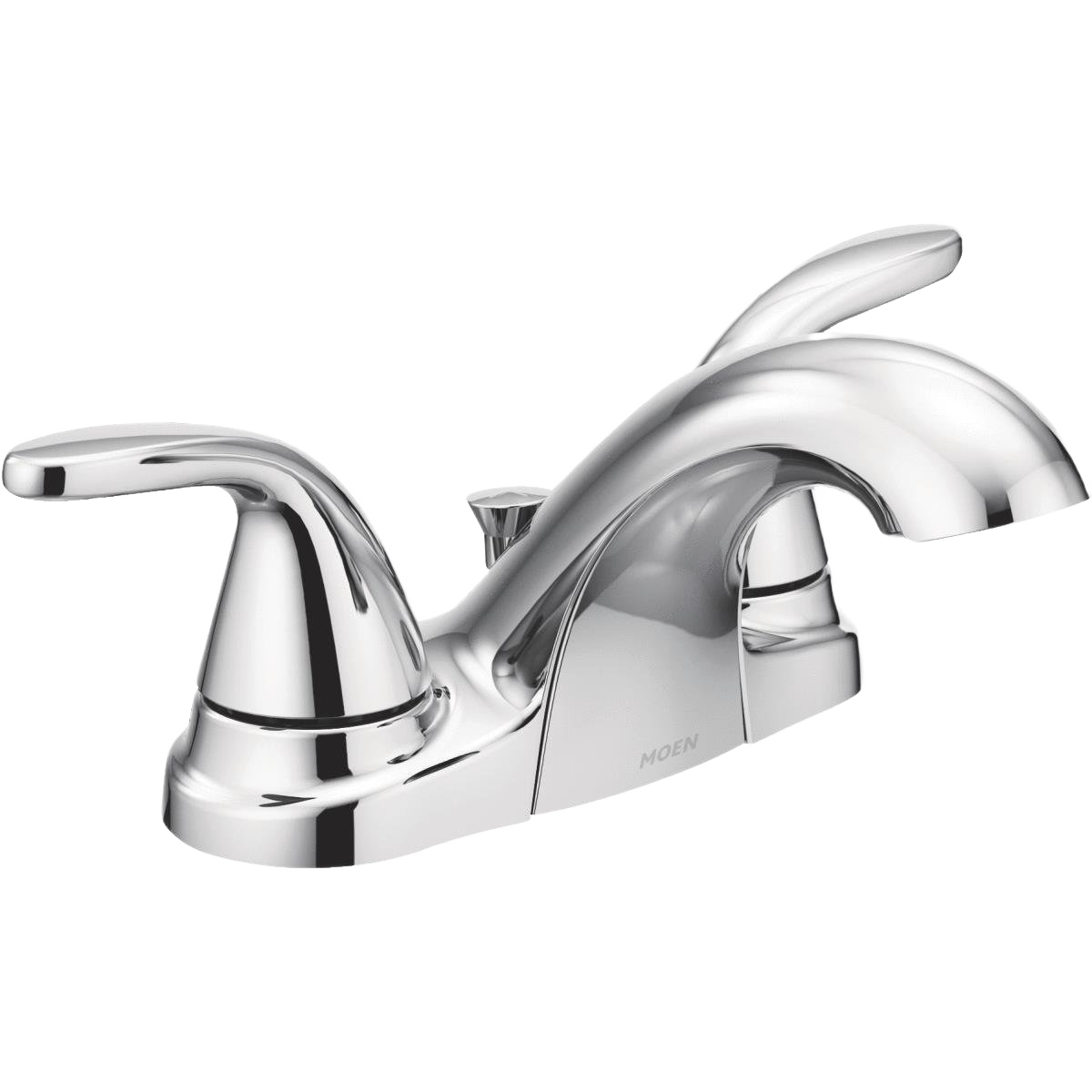 Chrome two-handle low arc bathroom faucet with smooth lever controls for home improvement and plumbing projects
