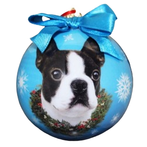Blue Christmas ball ornament featuring a Boston Terrier face with festive wreath and decorative bow on top