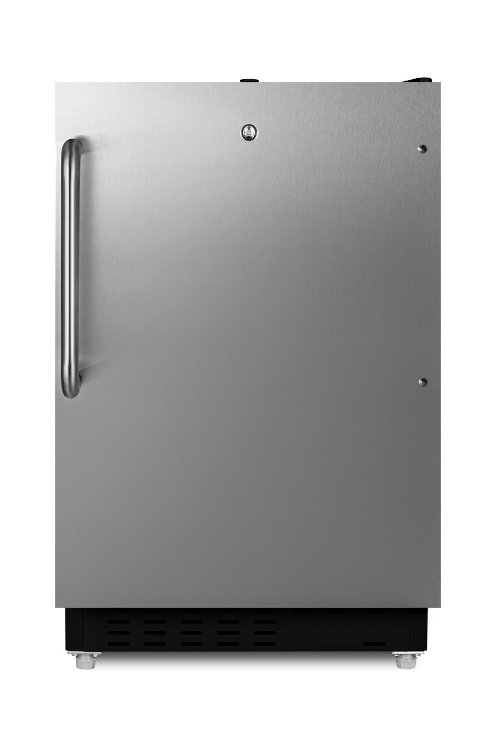 Stainless steel built-in undercounter refrigerator-freezer with vertical handle for kitchen and appliance collections