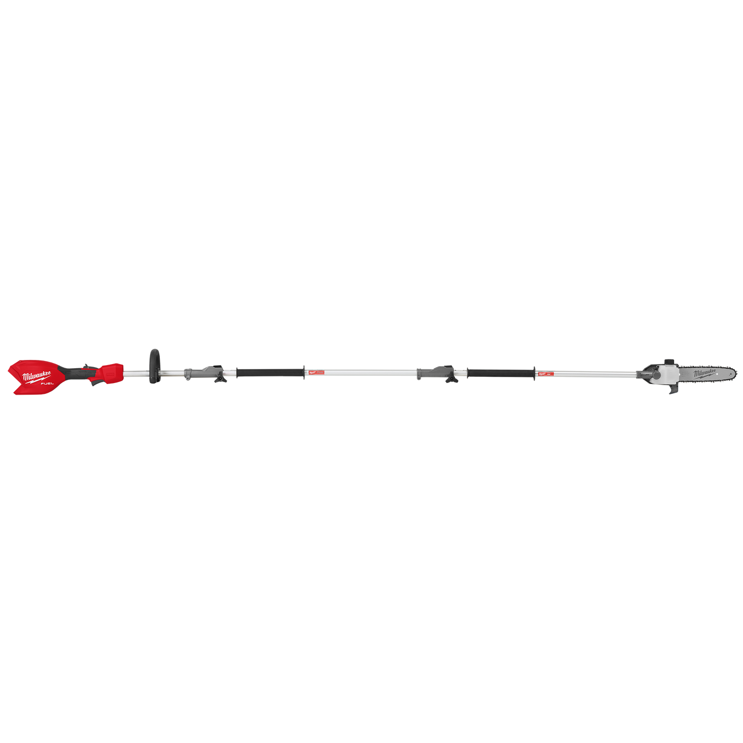 Long cordless pole saw with red motor housing and adjustable extension for outdoor tree trimming and home improvement tasks