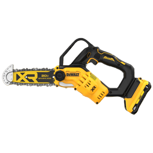 Compact yellow and black brushless cordless pruning chainsaw for outdoor power tools and lawn and garden use