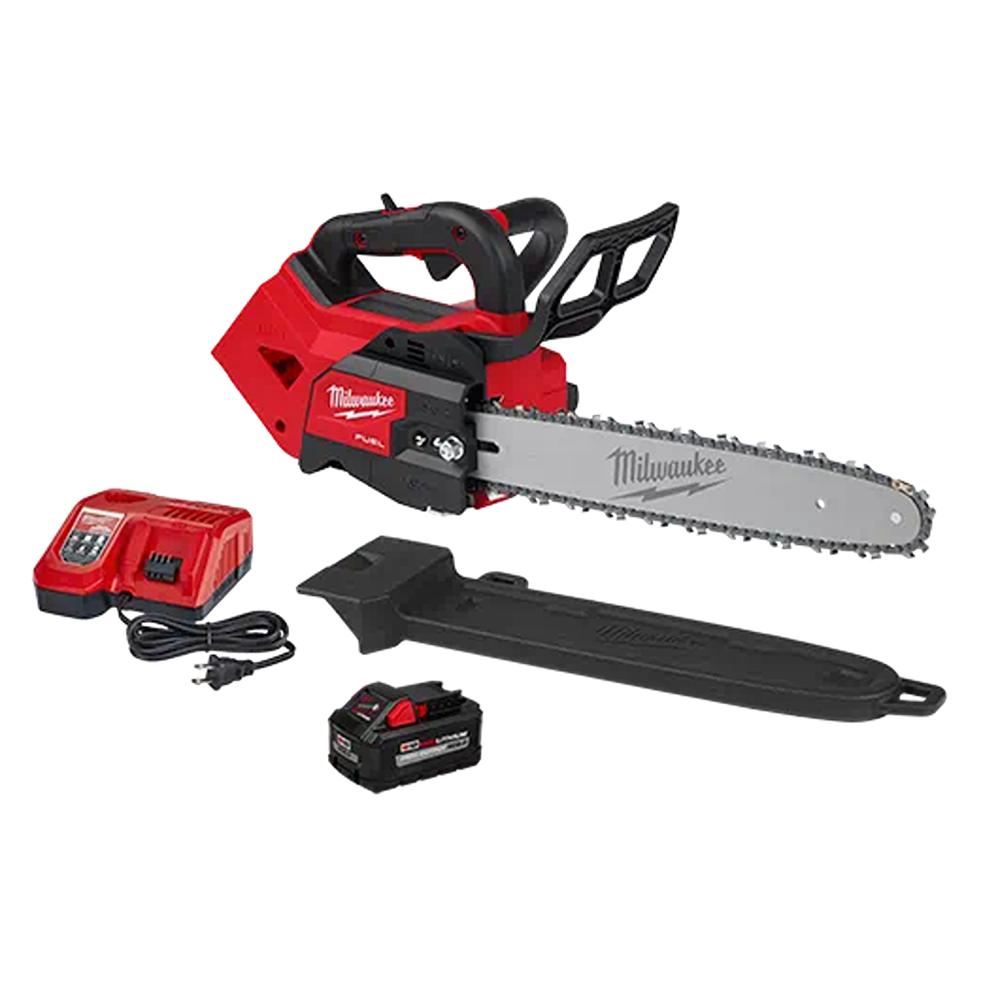 Red and black cordless top handle chainsaw with battery, charger, and protective blade cover for home improvement tasks