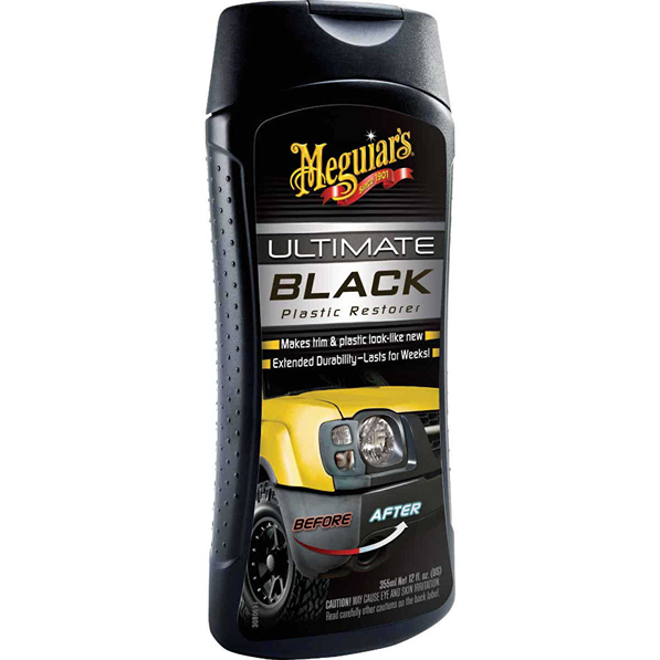 12 oz black plastic restorer bottle showing before and after vehicle headlight and trim restoration for automotive care
