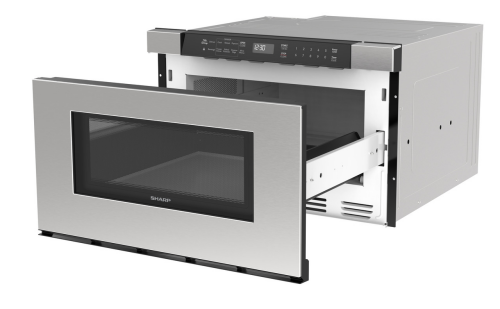 Built-in stainless steel microwave drawer with digital control panel and open sliding drawer from kitchen appliances collection