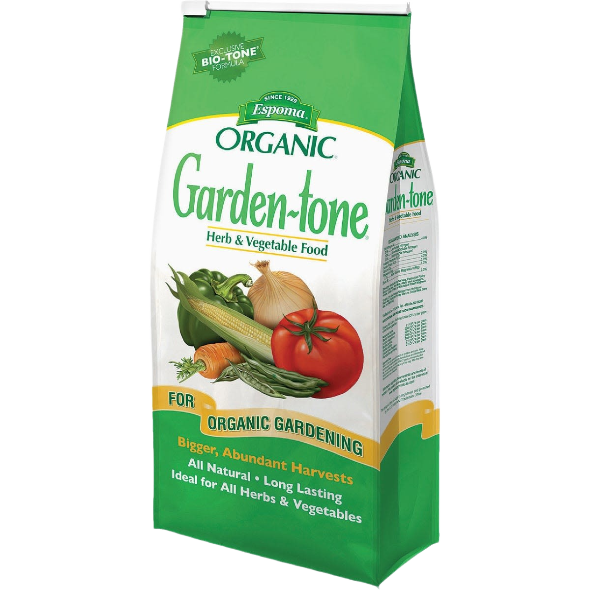 Green and white bag of organic Garden-tone plant food for herbs and vegetables in lawn and garden care collections