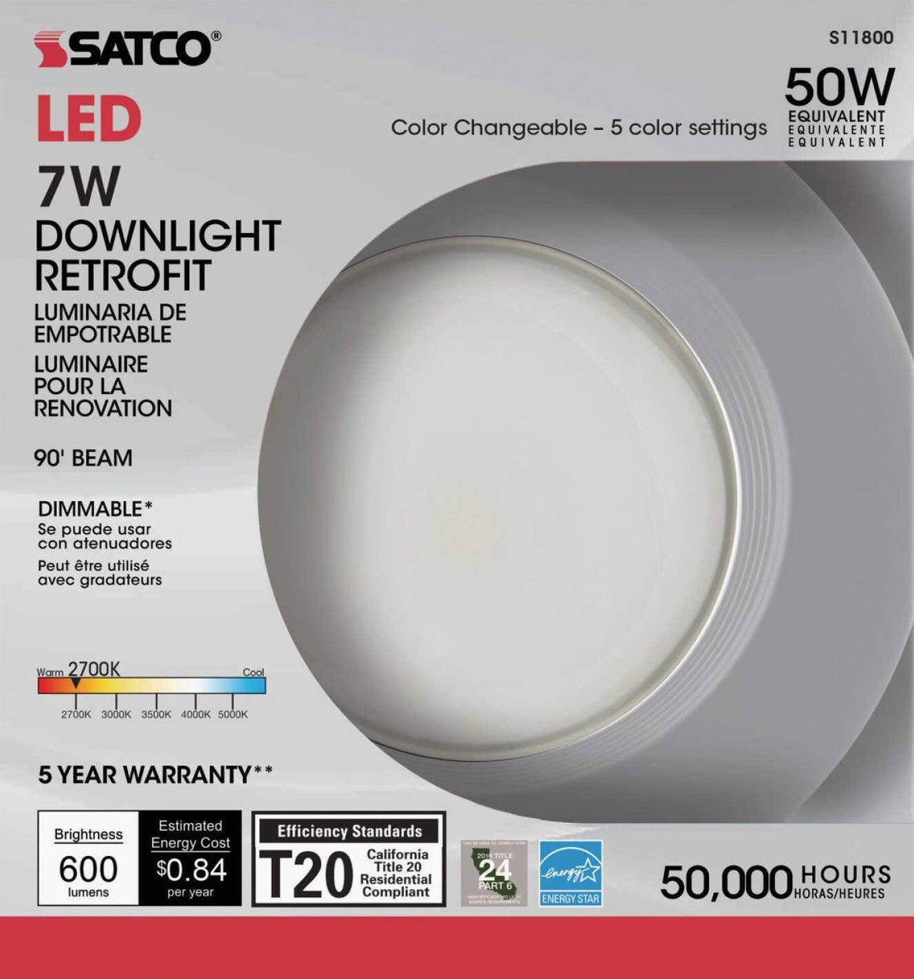 Satco 7 watt white LED retrofit downlight with selectable color temperature and energy-efficient lighting for home improvement