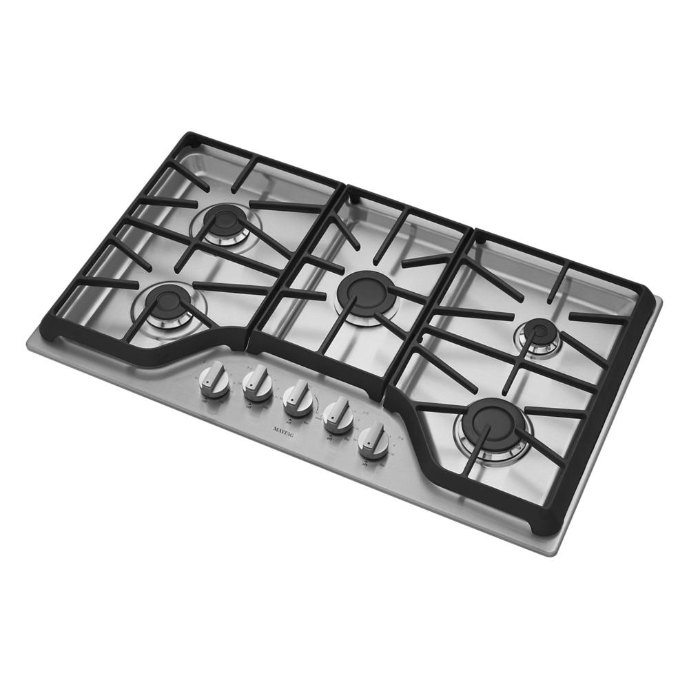 36-inch stainless steel gas cooktop with five burners and front control knobs for kitchen appliances and home improvement