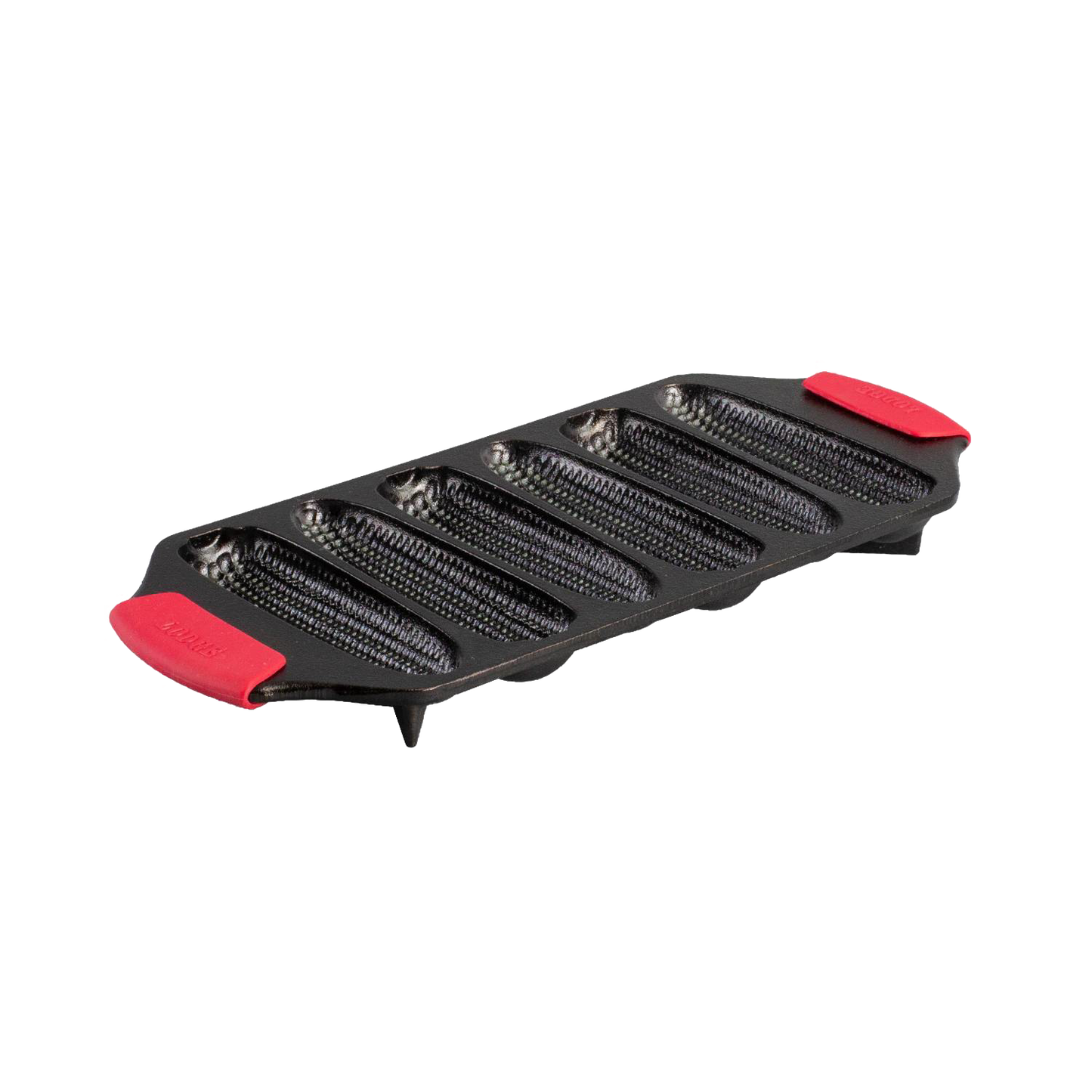 Black cast iron cornstick pan with six molds and red silicone handle grips in kitchenware collection under $50