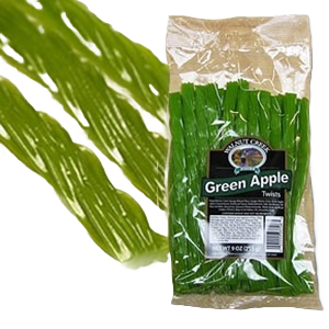 Clear bag of green apple twist candies with visible chewy, twisted candy strands from Chocolates & Candies collection under $50