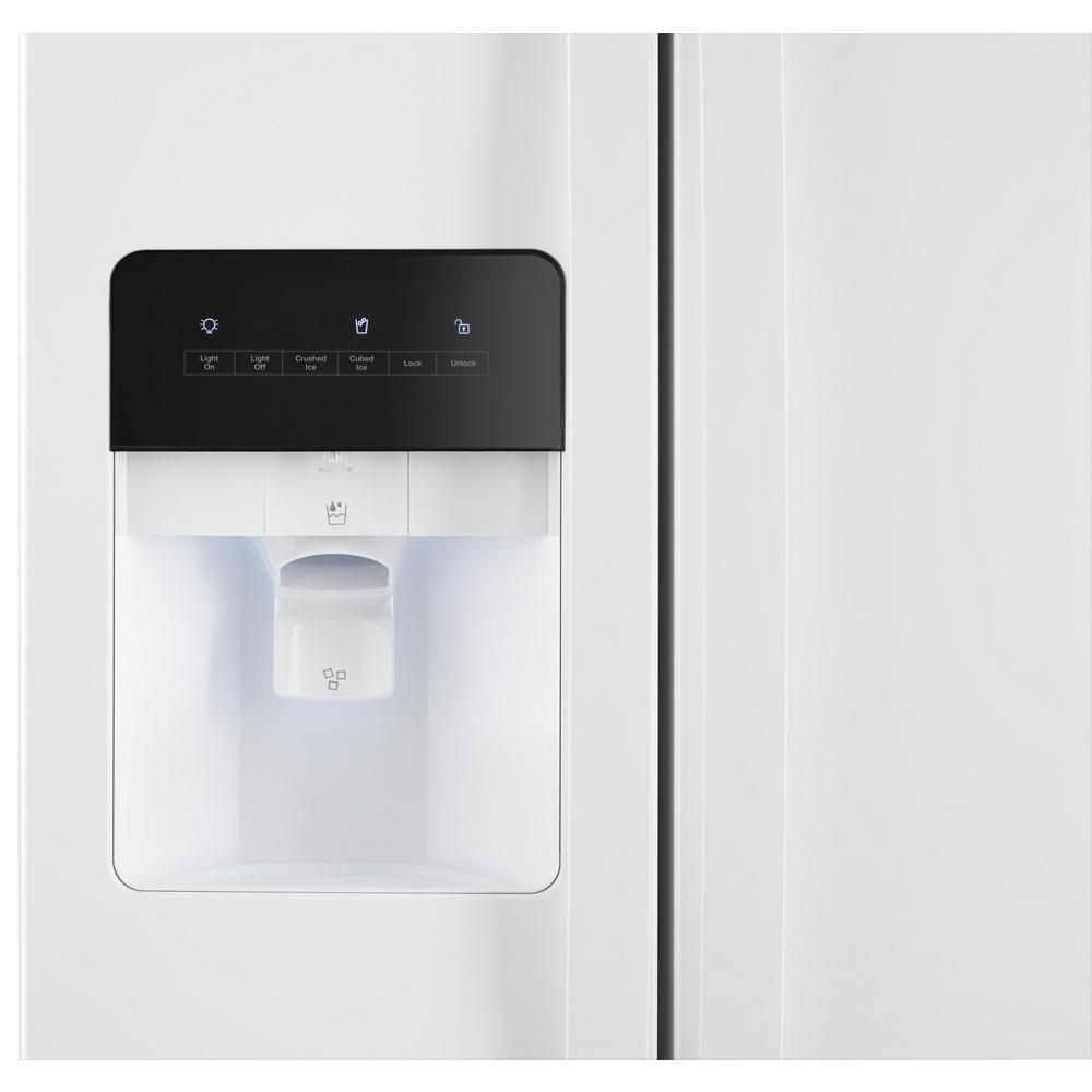 White side-by-side refrigerator water and ice dispenser with digital control panel in kitchen and appliance collections