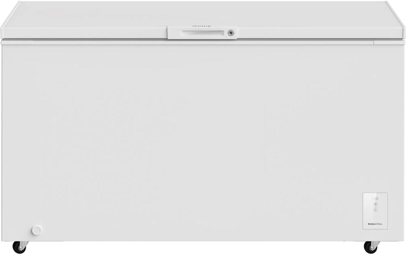 White convertible chest freezer with hinged lid, control panel on front, caster wheels for mobility, suitable for Freezers & Ice Makers, Chest Freezers, Kitchen & Kitchenware, and Appliances collections.