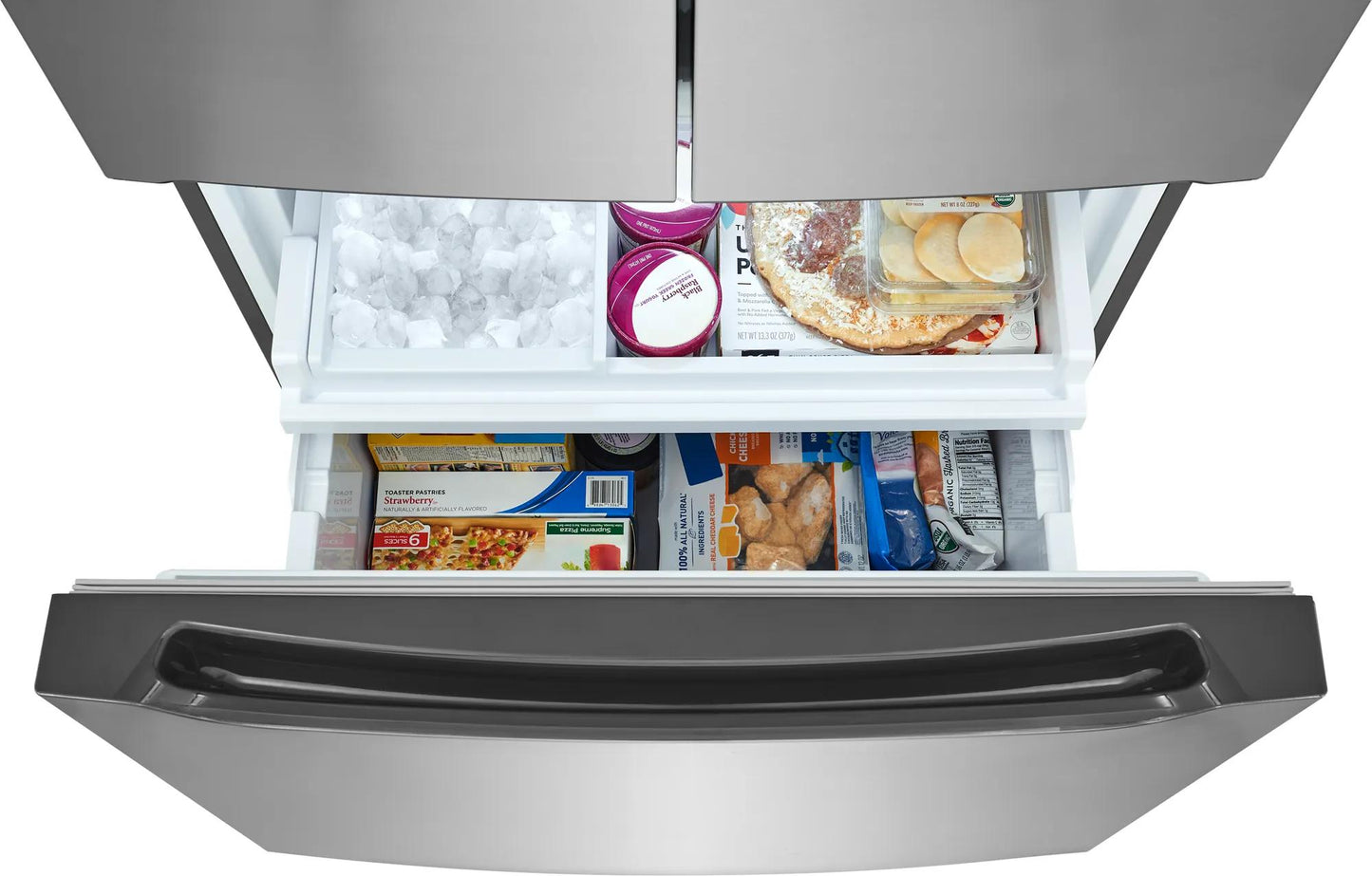 Open freezer drawer of counter-depth French door refrigerator showing organized frozen foods in kitchen appliances collection