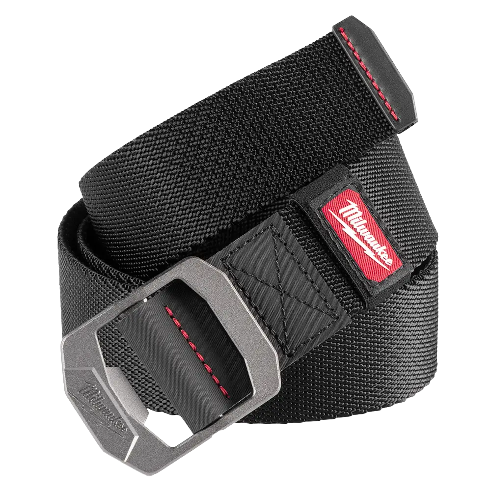 Black nylon webbing belt with metal buckle and red stitching designed for durability in tools and home improvement tasks