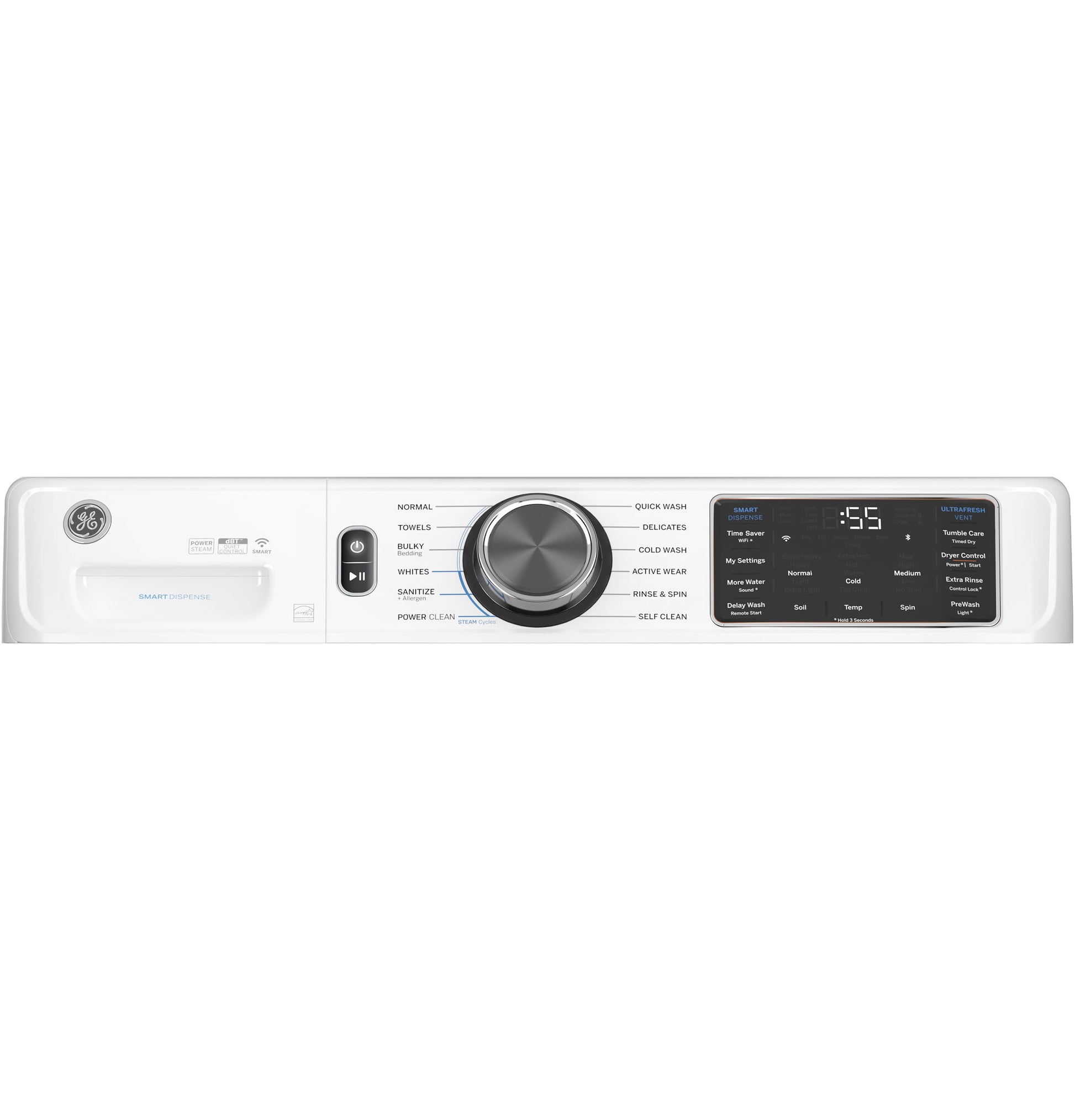Control panel of a white smart front load washer with digital display and cycle selection knob in Washers collection