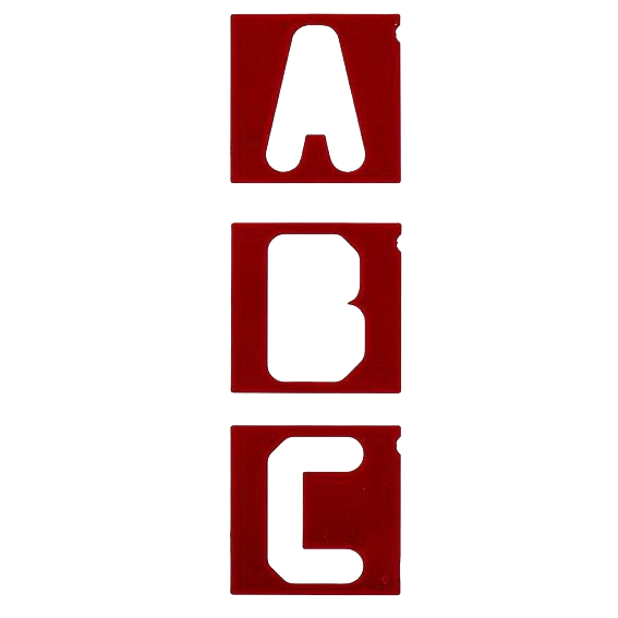 Set of three red plastic vertical letter templates for precise lettering in woodworking tool accessories and home improvement projects