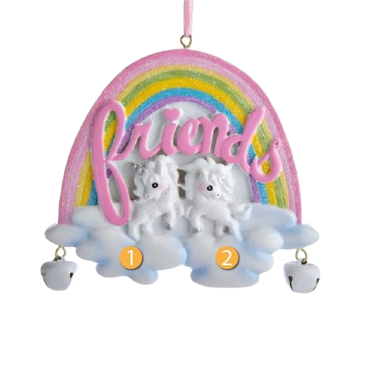 Rainbow-shaped ornament with two white unicorns resting on clouds and pink "friends" lettering above