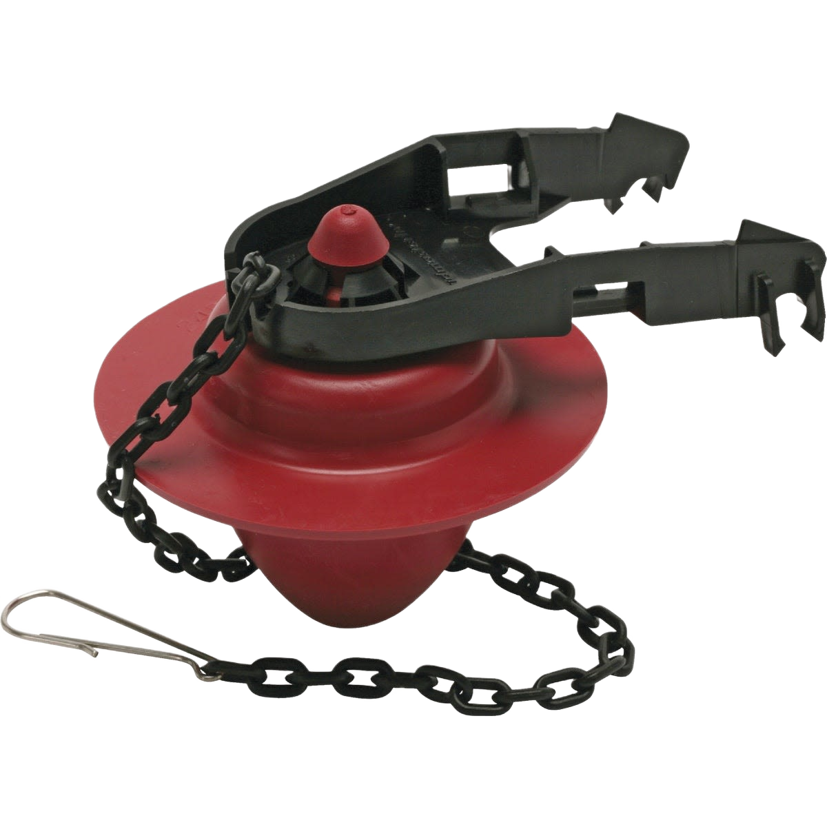 Red thermoplastic universal chlorine resistant toilet flapper with black lever arm and attached chain for plumbing repair