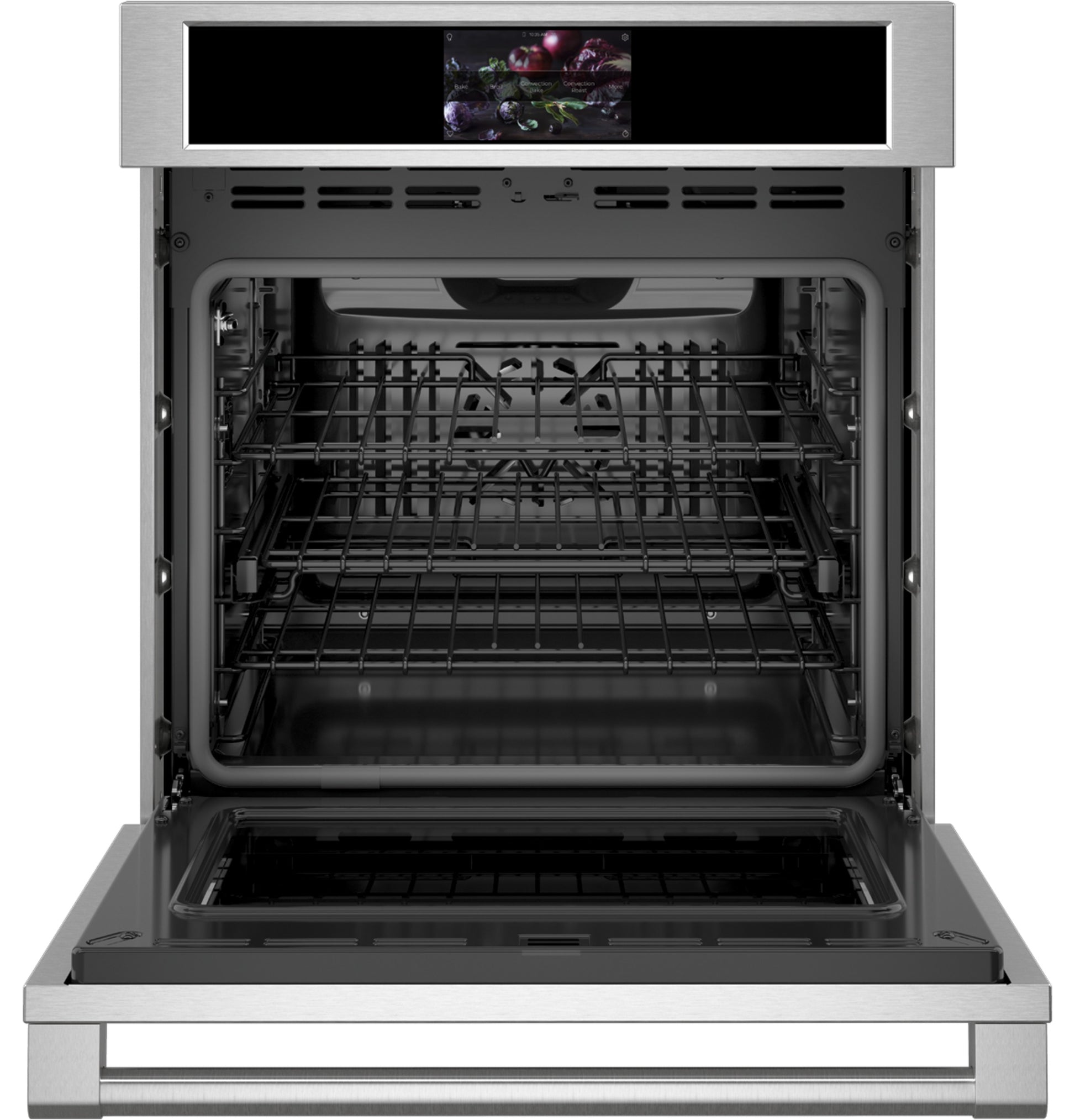 Open stainless steel wall oven with digital display panel and multiple oven racks from kitchen appliances collection