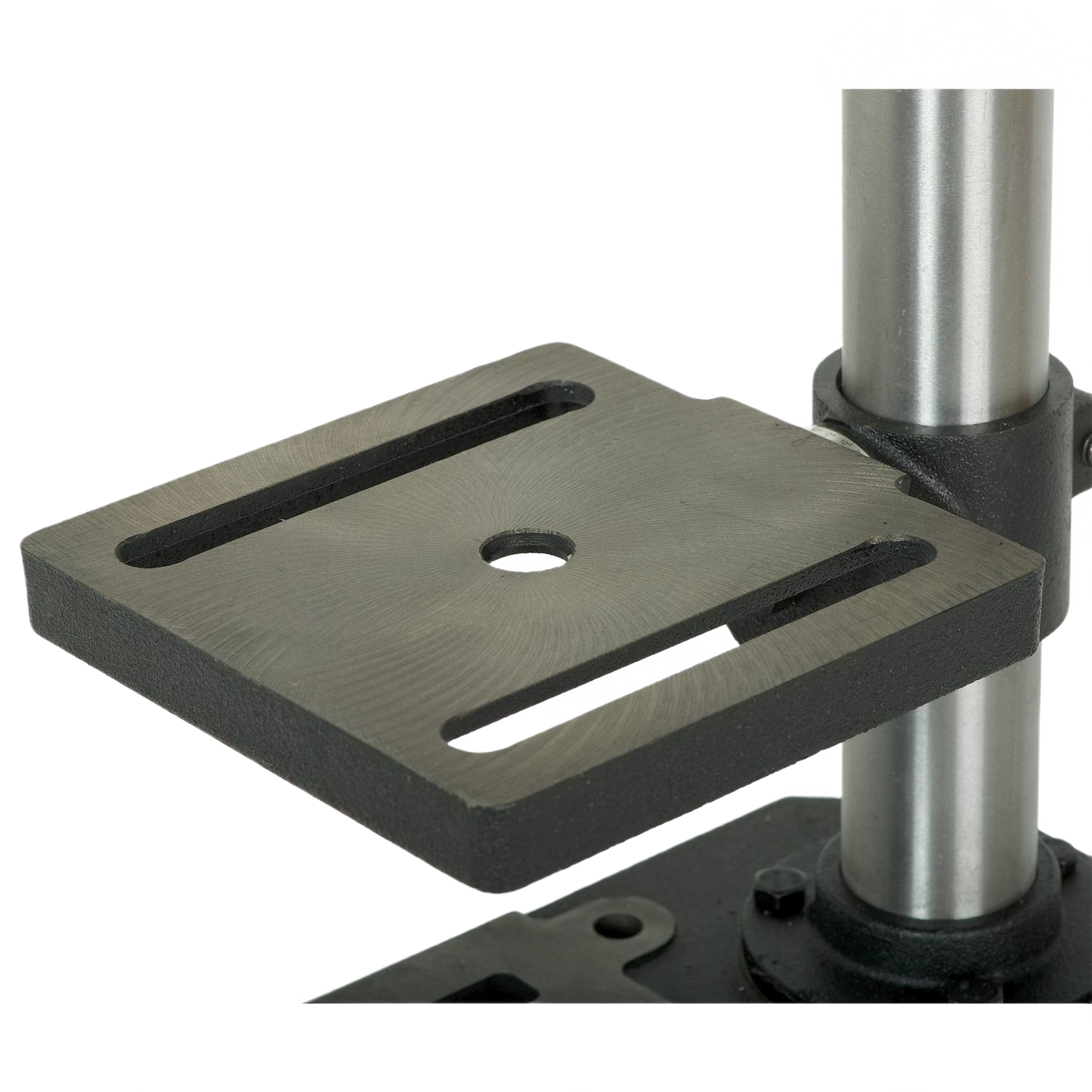 Metal adjustable worktable with slots mounted on vertical post for precise drilling in tools and home improvement projects