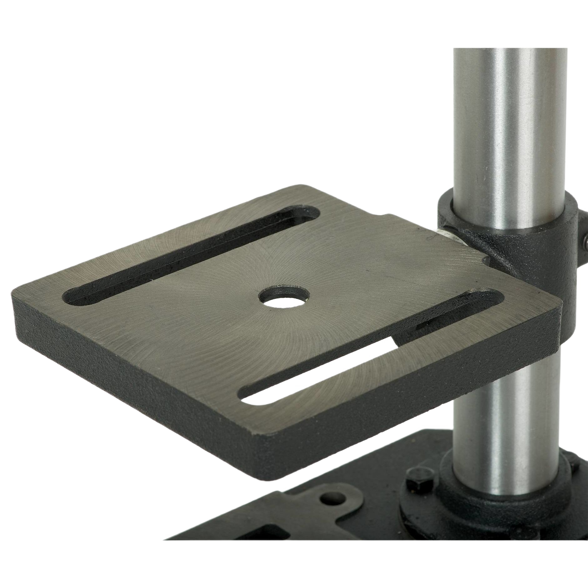 Metal adjustable worktable with slots mounted on vertical post for precise drilling in tools and home improvement projects
