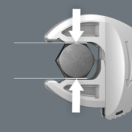 Close-up of silver self-adjusting spanner gripping hex bolt with arrows showing automatic jaw positioning for tools and home improvement