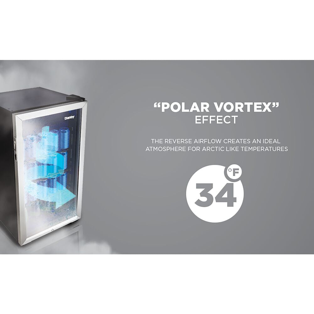 View of compact beverage fridge with tempered glass door demonstrating reverse airflow cooling at 34 degrees for kitchen use