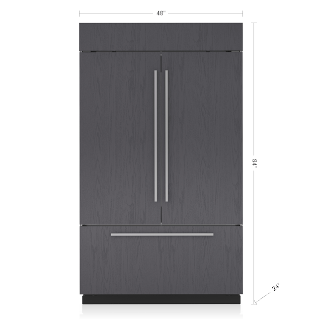 Large panel-ready French door refrigerator and freezer with sleek vertical handles in dark finish for home kitchens