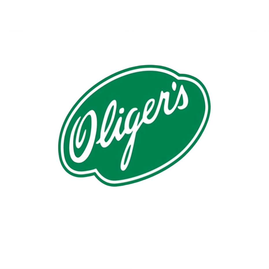 Green and white Oliger's logo representing a lawn care and garden product brand for outdoor maintenance tools and supplies