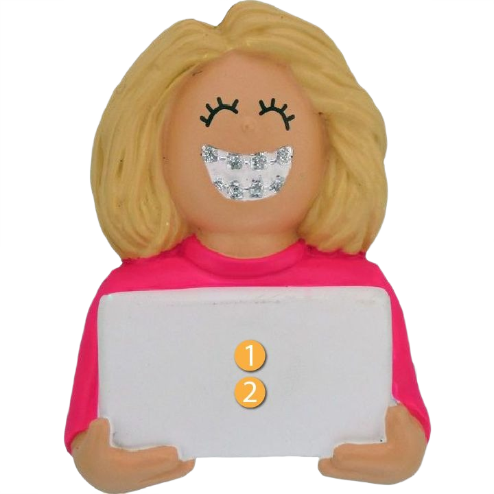 Blonde female figurine with braces wearing pink shirt holding blank sign for Christmas Ornaments & Tree Decorations collection