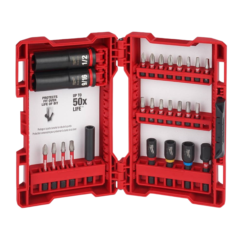 Red Milwaukee SHOCKWAVE 26-piece impact driver bit and socket set in a durable plastic case for tool accessories and home improvement