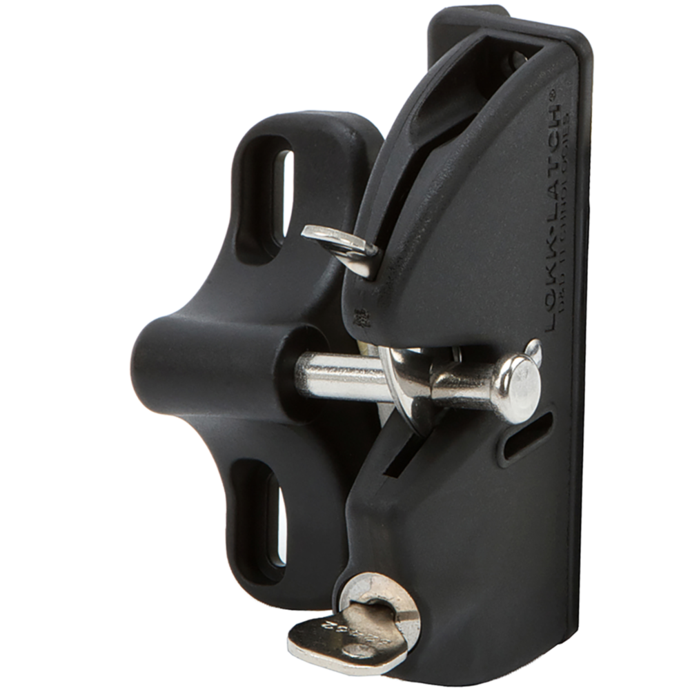 Black lockable gate latch with metal pin designed for secure gate hardware and door accessories in home improvement collections