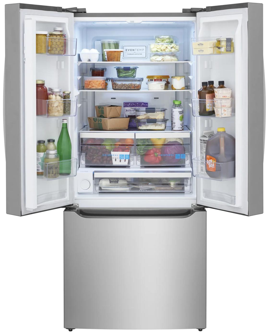 Open French door refrigerator with organized shelves featuring assorted food containers, beverages, and fresh produce inside