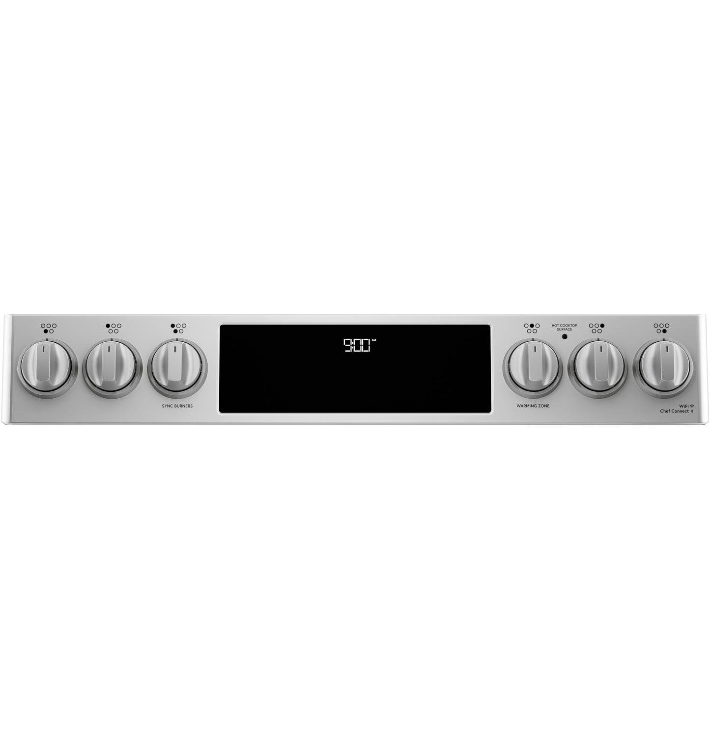 Stainless steel front control panel with six metal knobs and digital display for smart induction range from kitchen appliances collection