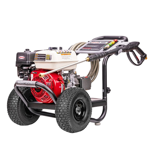 Pressure washer with red engine, black frame, large tires, and attached hose ready for home improvement cleaning tasks