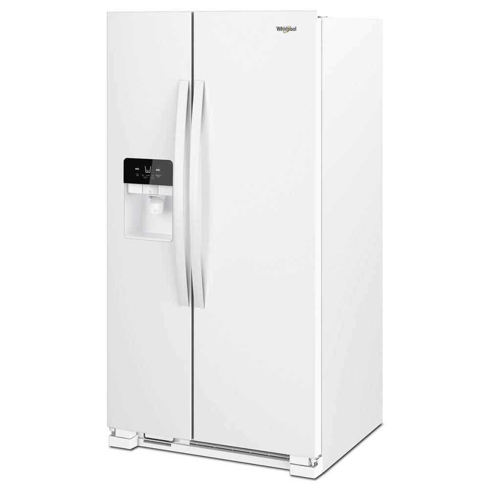 White Whirlpool side-by-side refrigerator with external water dispenser in kitchen appliances collection