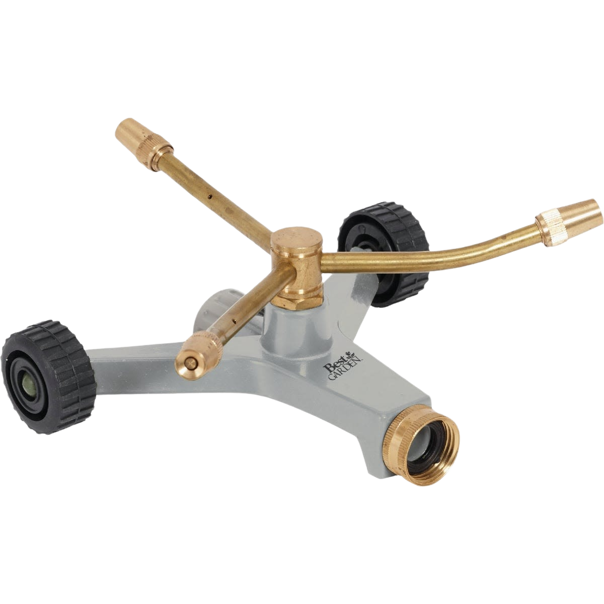 Brass 3-arm rotary sprinkler with gray base and black wheels for garden irrigation and home improvement use