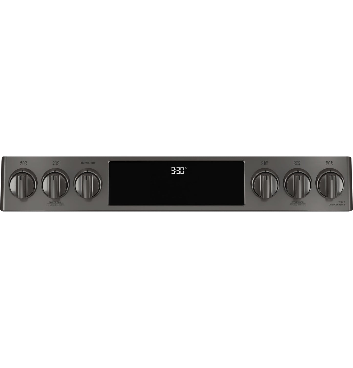 Dark stainless steel control panel with six knobs and digital display for temperature and timer settings in ranges collection