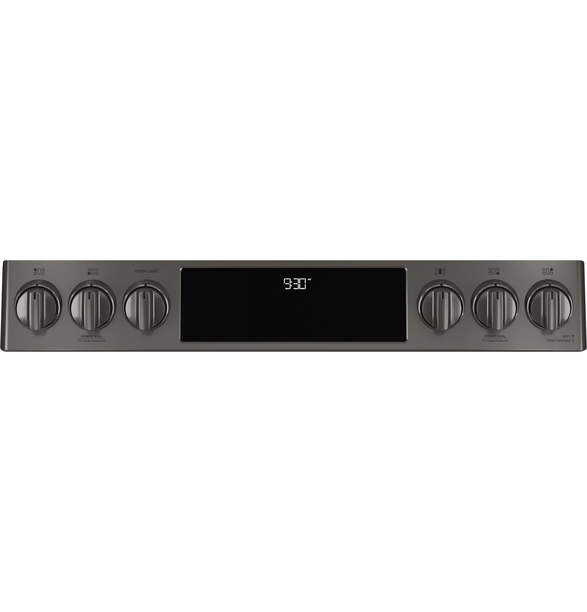 Dark stainless steel control panel with six knobs and digital display for temperature and timer settings in ranges collection