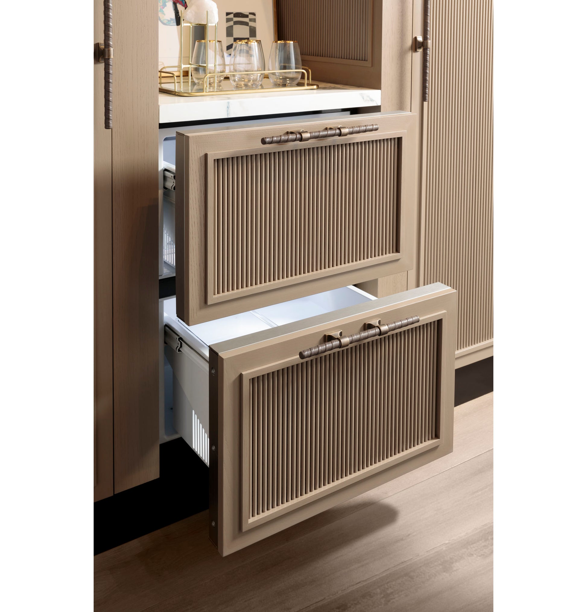 Panel-ready double-drawer refrigerator with textured beige front panels, part of refrigerators and kitchen appliances collection