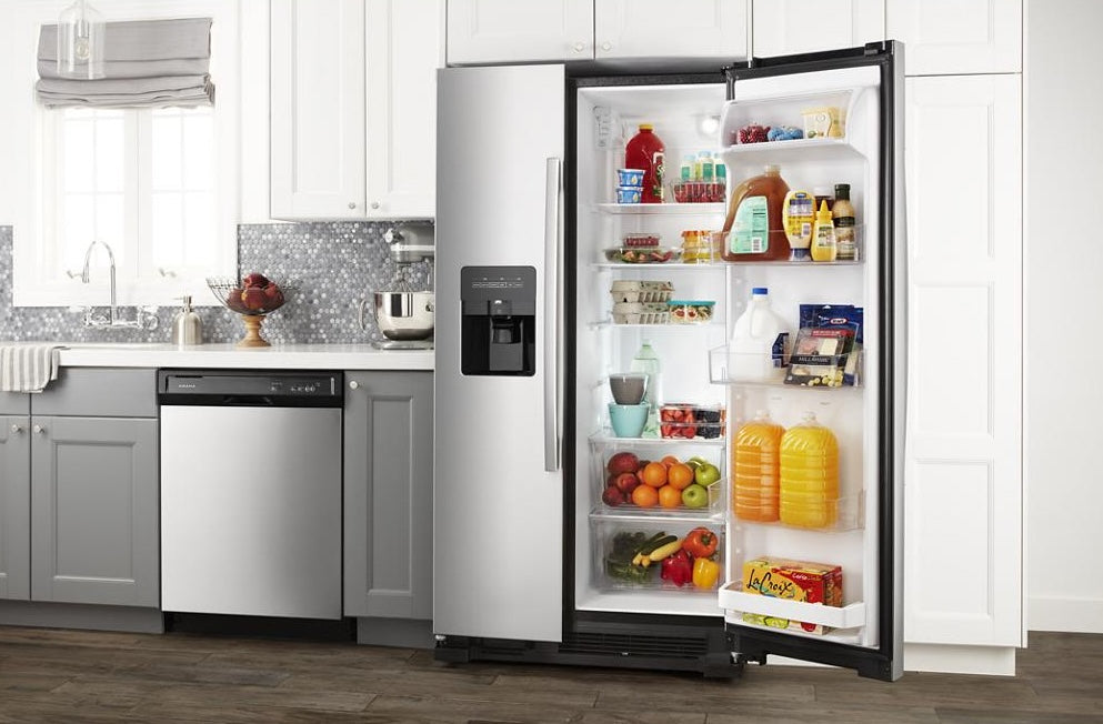 36-inch wide side-by-side refrigerator with dual pad external ice and water dispenser in modern kitchen setting