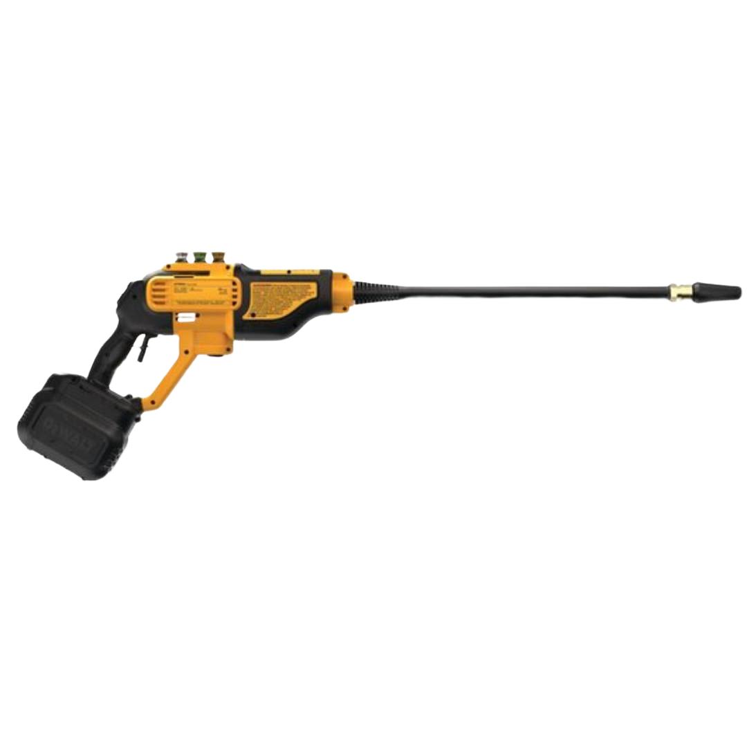 Yellow and black cordless power cleaner with long nozzle and battery pack for tools and home improvement use