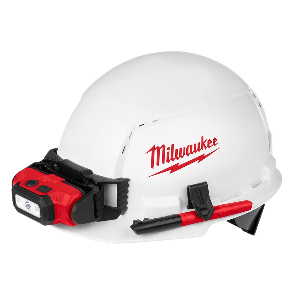 White vented front brim hard hat with 4-point ratcheting suspension and attached red work light for safety gear collections