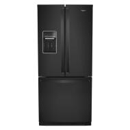 Black 30-inch wide French door refrigerator with bottom freezer and external water dispenser in kitchen appliances collection