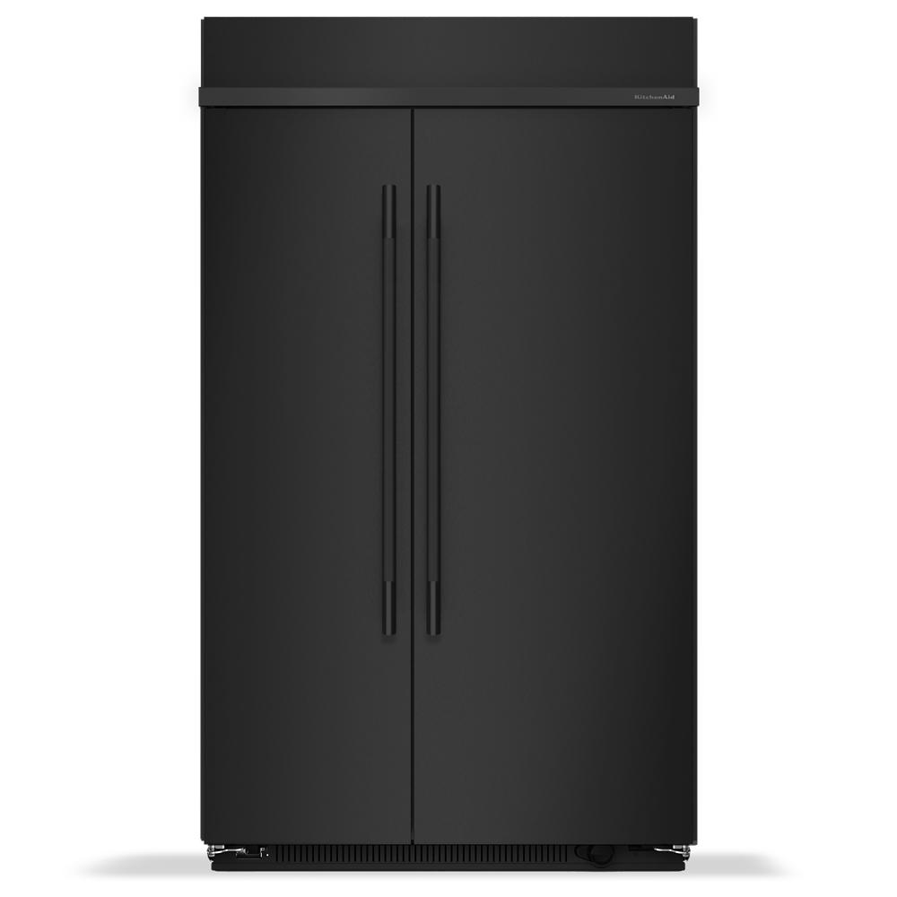 Built-in black side-by-side refrigerator with sleek vertical handles in KitchenAid appliances and refrigerators collections
