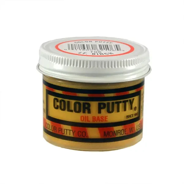 Small metal jar of oil base wood filler in light birch color for home improvement and woodworking projects