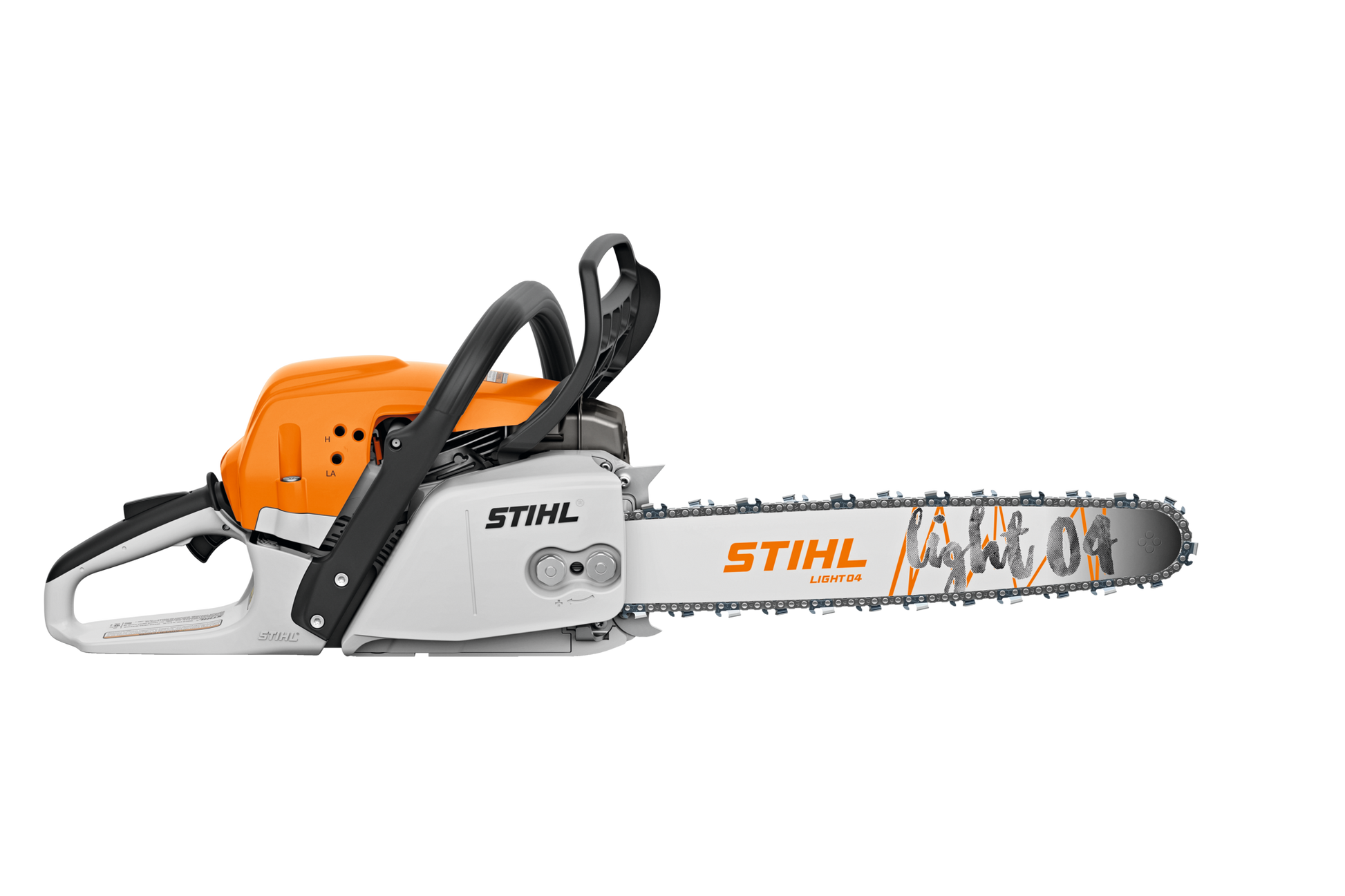 Orange and white fuel-efficient chainsaw with ergonomic handle designed for outdoor home improvement tasks